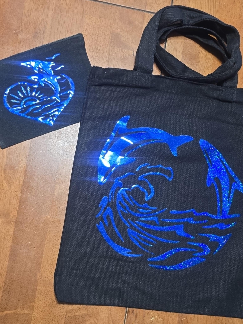 Black Heavy Canvas Tote Bag with Blue Dolphin Wave Design